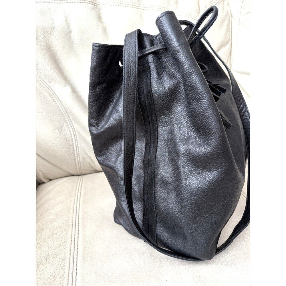 Leather Bucket Bag Handcrafted in USA Black The Podolls Drawstring Hobo Western - Picture 2 of 16